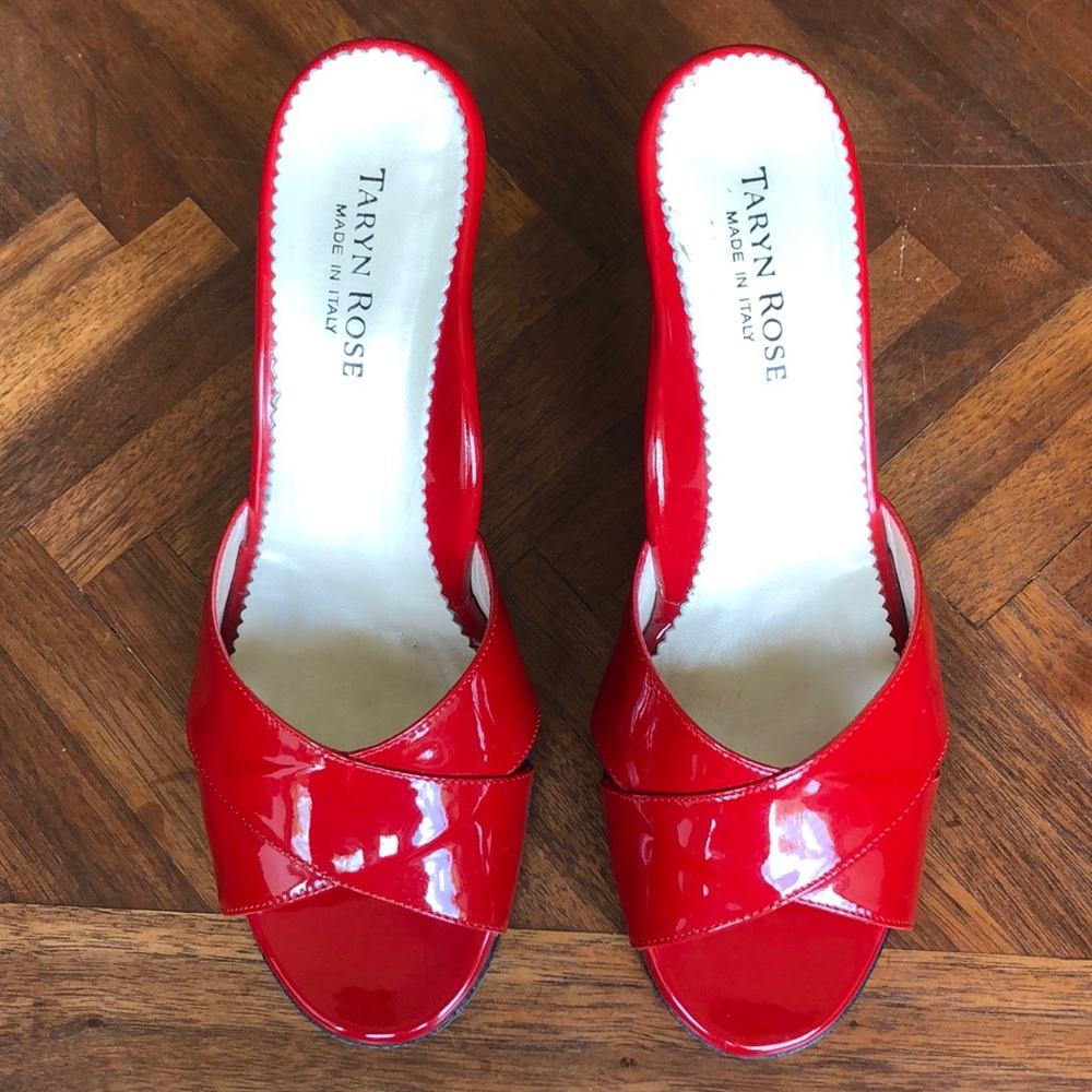 Great for Holidays. Tayrn Rose red patten slide wedges.